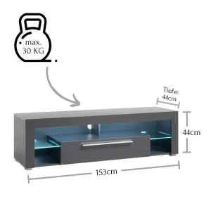 153x44x44 Cm Graues TV Board Mit Klappe & Glasböden – Due 16