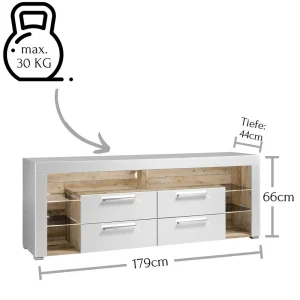 TV Lowboard In Weiß HG & Holz Antik Dekor – Masina 18